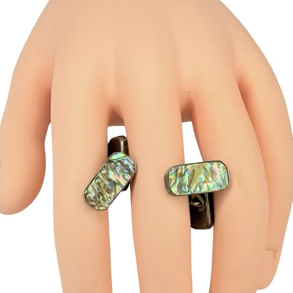 Antique 925 Sterling Silver Men's Cufflinks Abalone Mother Of Pearl Rectangle - Picture 7 of 16